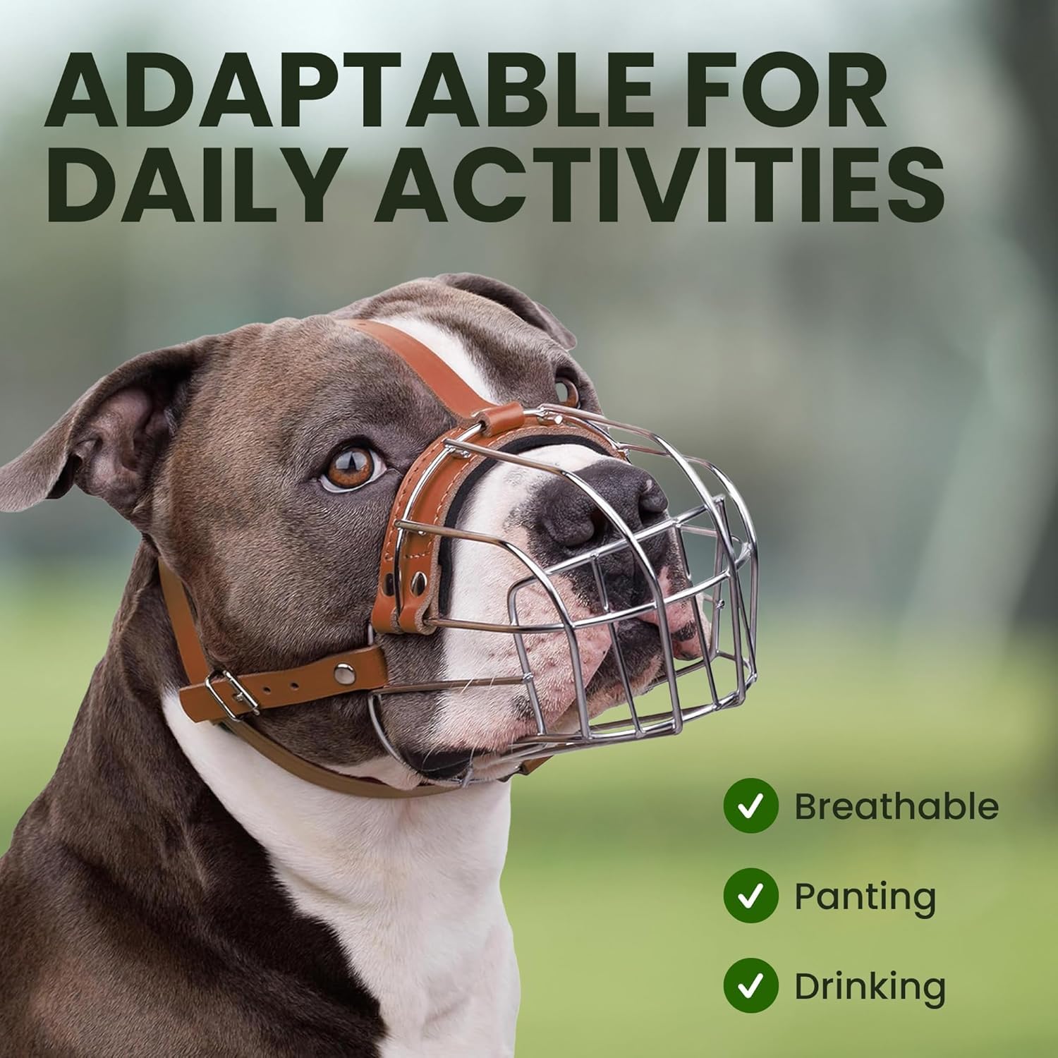 BRONZEDOG adjustable leather straps lock securely for reliable muzzle positioning.