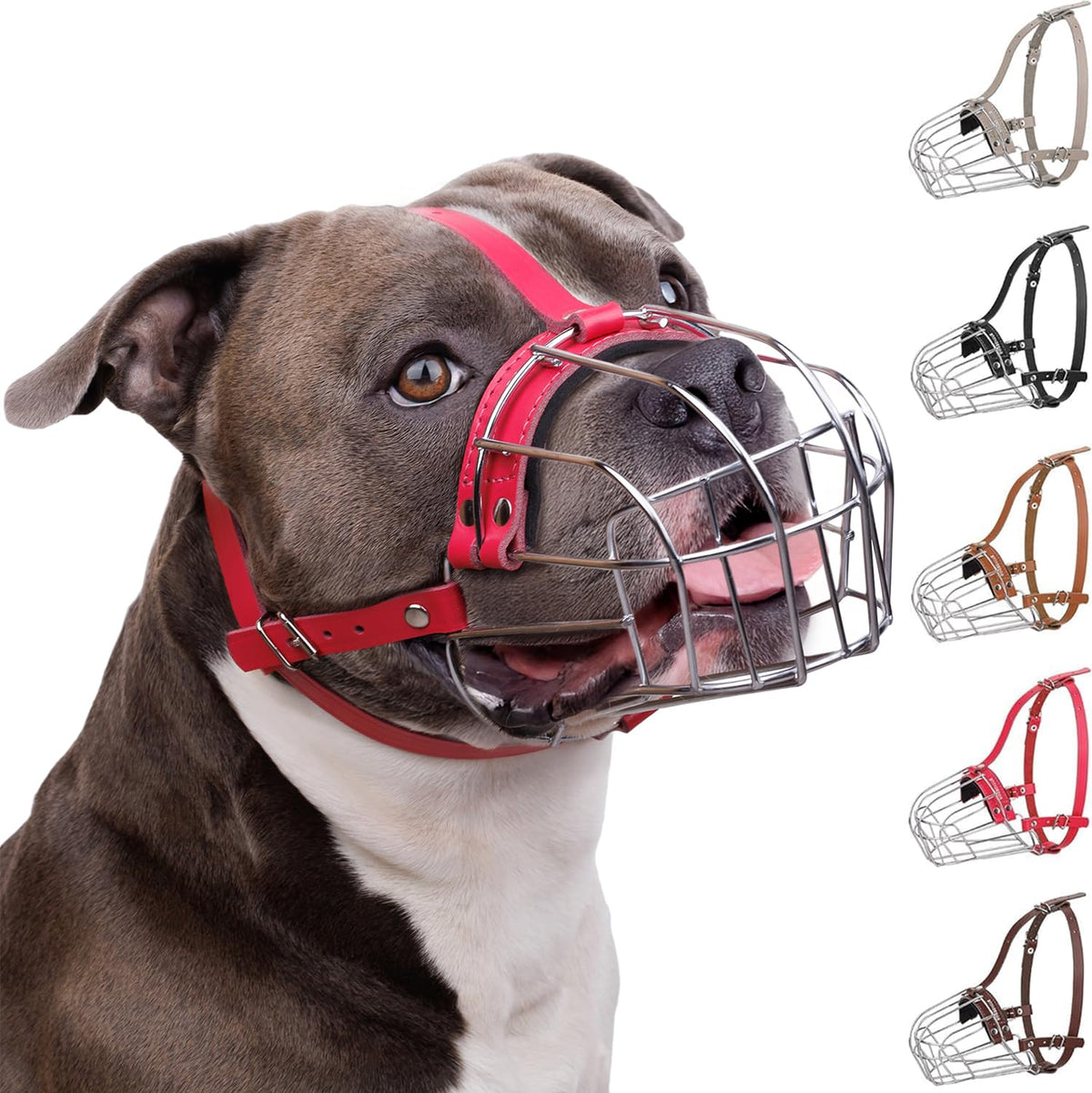BRONZEDOG Pitbull muzzle front view pink with metal basket for secure breathing during walks.