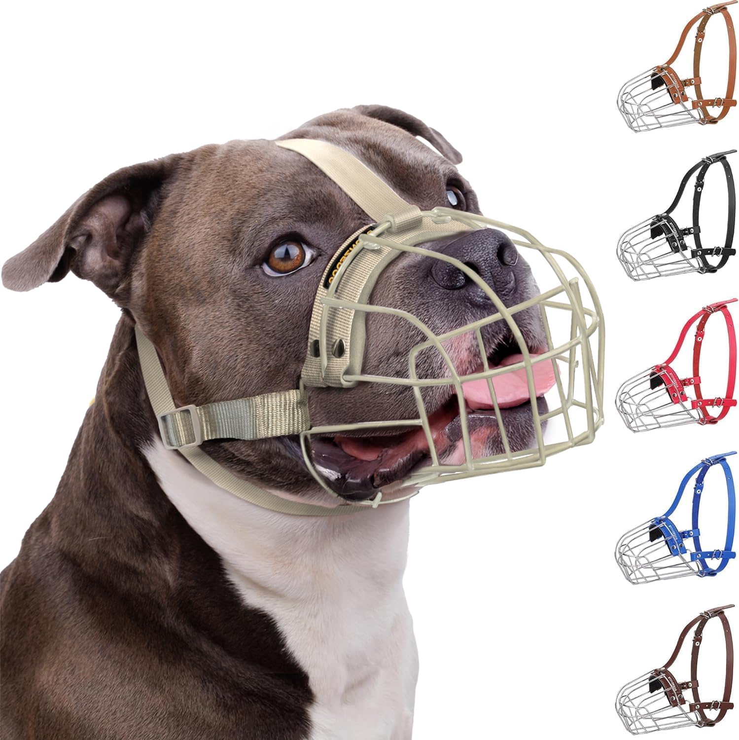 BRONZEDOG Pitbull muzzle front view highlights breathable steel basket for safe outdoor walks.