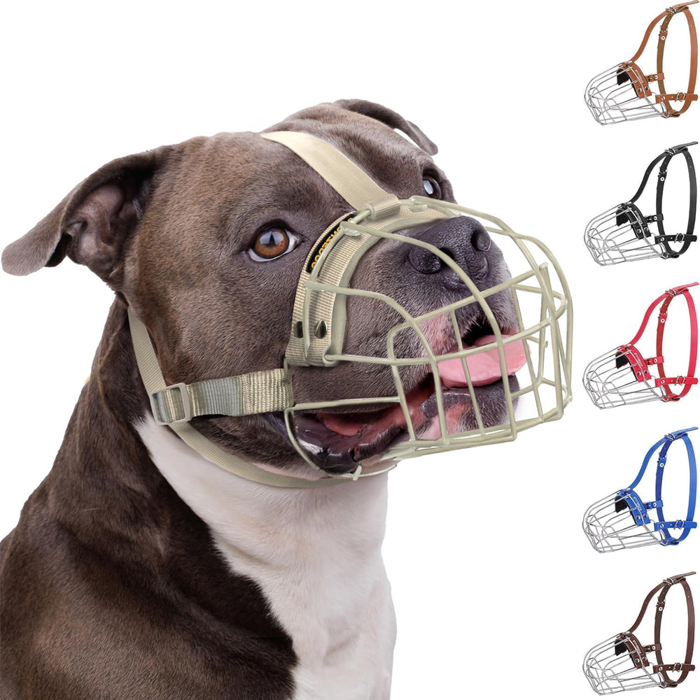 BRONZEDOG Pitbull muzzle front view highlights breathable steel basket for safe outdoor walks.