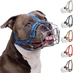 BRONZEDOG Pitbull muzzle overview highlighting sturdy metal basket for controlled outdoor activities.