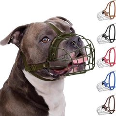 BRONZEDOG Pitbull muzzle steel basket shows secure, breathable design for safe outdoor walks.