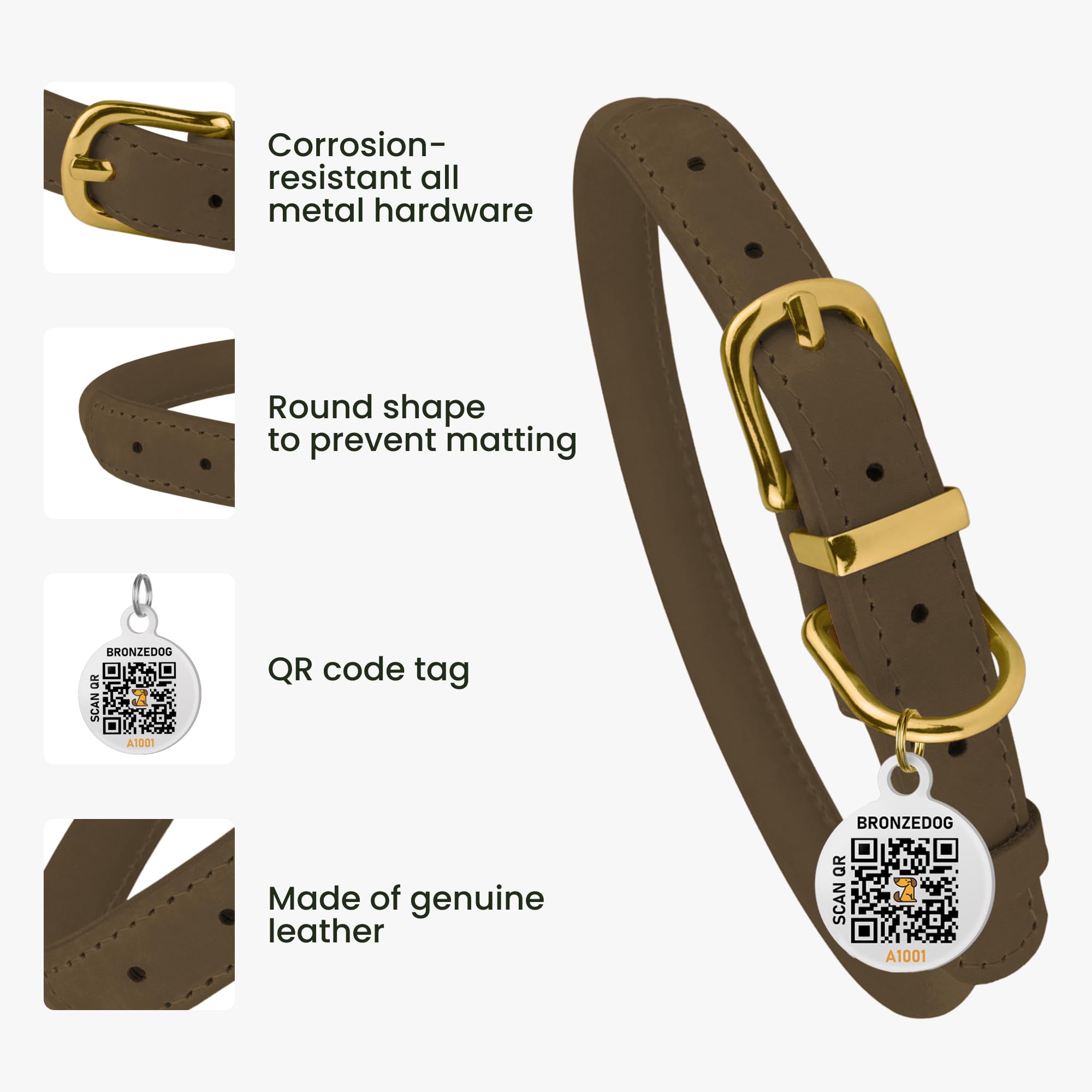 BronzeDog QR ID tag on collar enables quick ID access