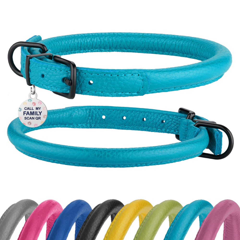 BRONZEDOG rolled leather collar in aqua blue, close-up showing soft, fur-friendly comfort.