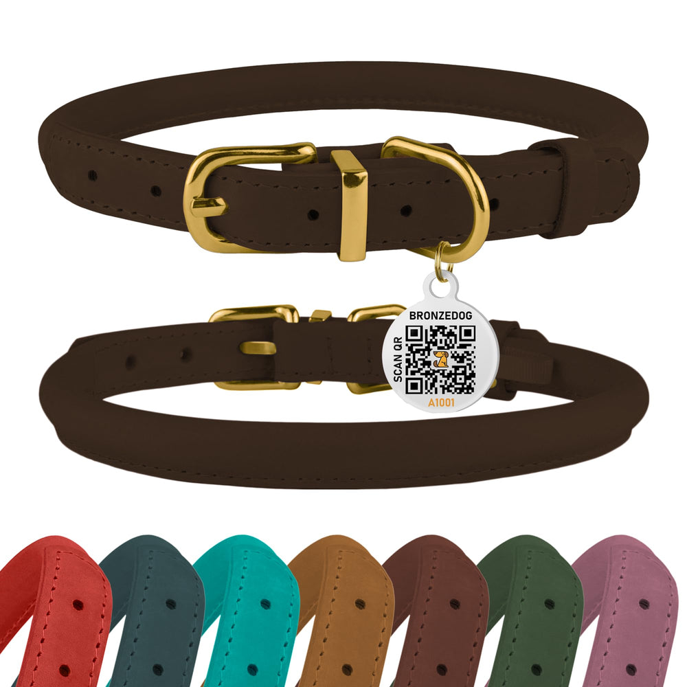 BronzeDog rolled leather collar brown close-up showing durable craftsmanship for daily wear.