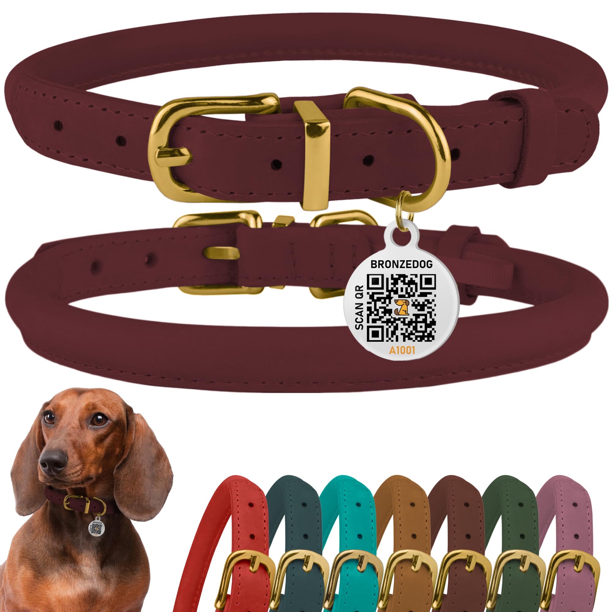 BronzeDog rolled leather collar Burgundy closeup with durable wax finish.
