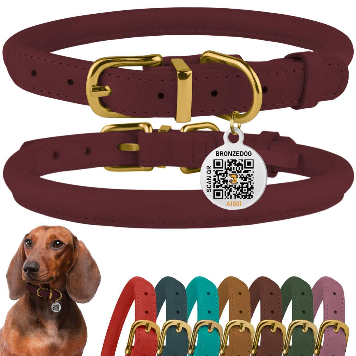 BronzeDog rolled leather collar Burgundy closeup with durable wax finish.