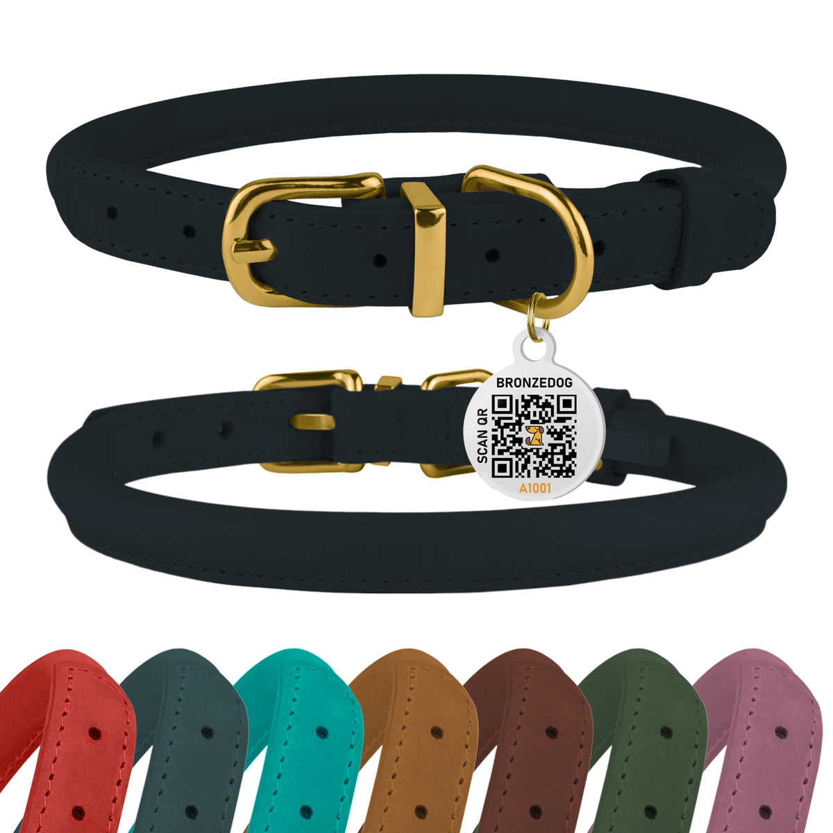 BronzeDog rolled leather collar in dark blue ready for daily walks