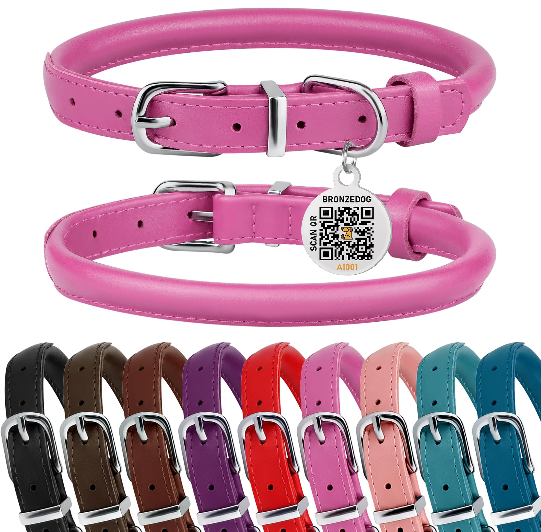 BRONZEDOG rolled leather collar in hot pink shows smooth edges for neck comfort.