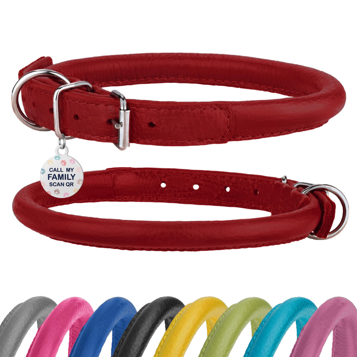 BRONZEDOG rolled leather collar close-up shows soft texture, ideal for long coats and reduced matting.