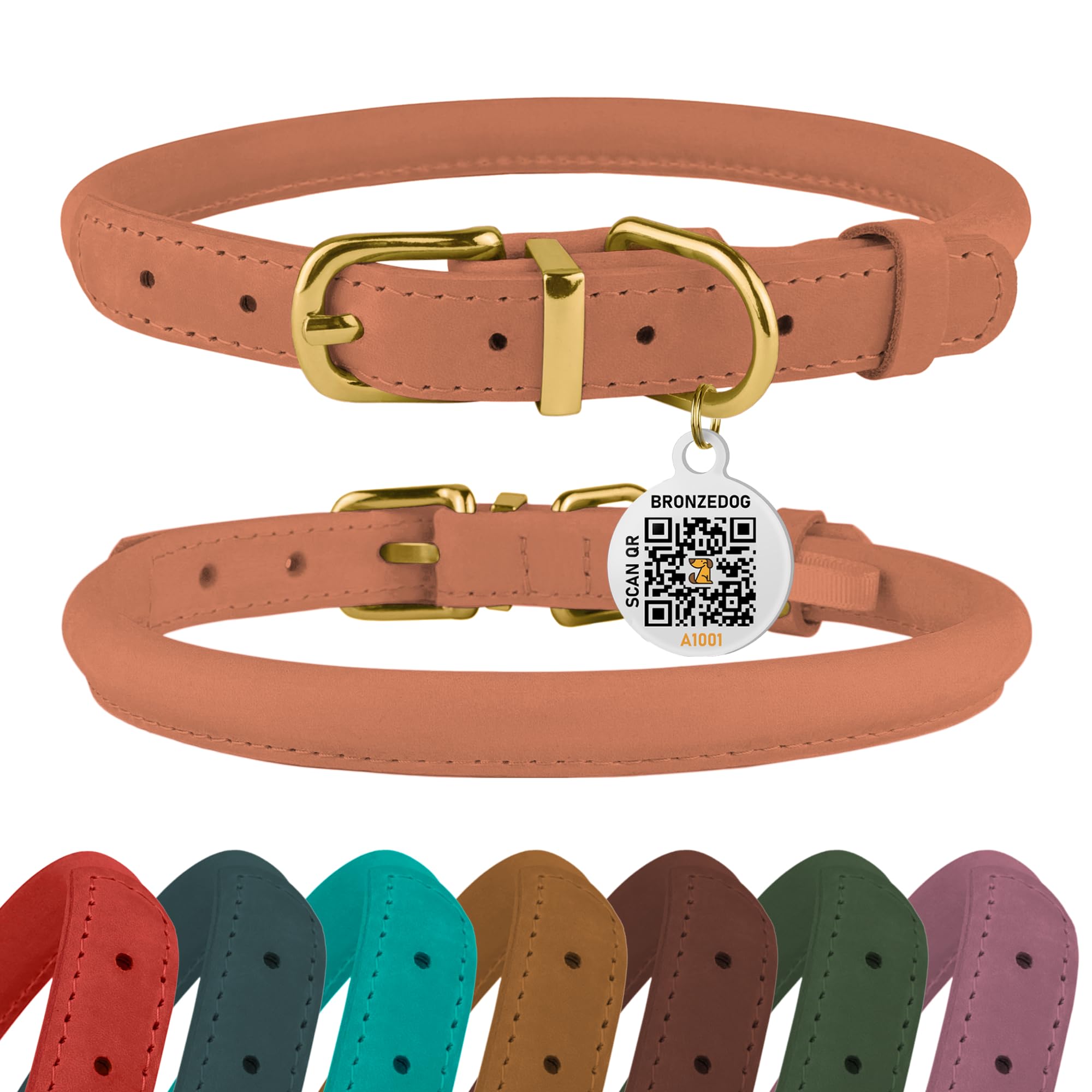 BronzeDog peach rolled leather collar closeup highlights durable finish for daily wear.