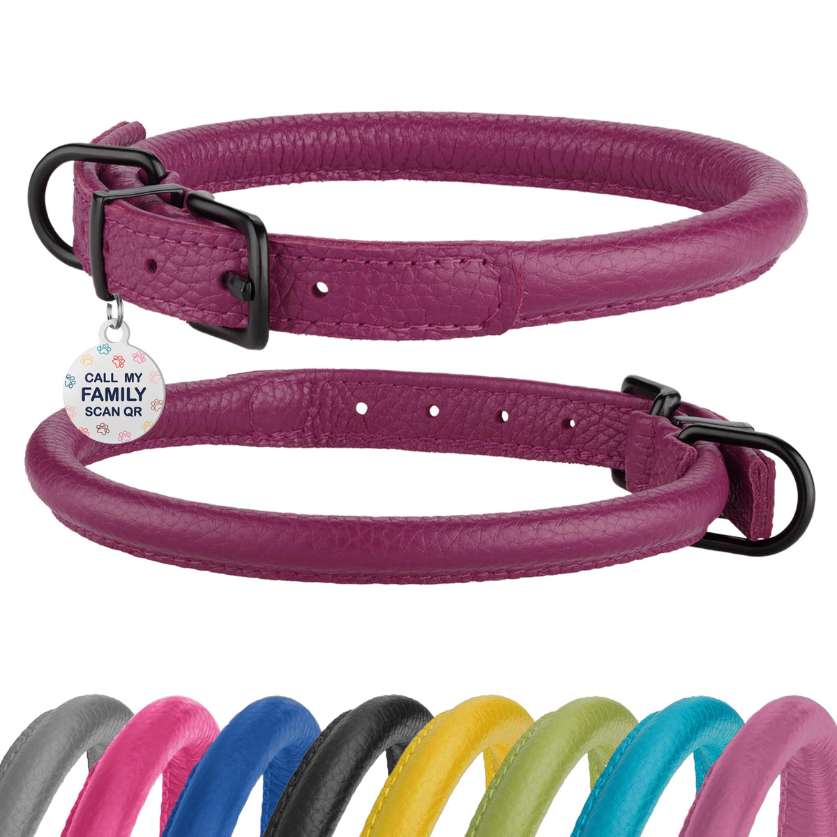 BRONZEDOG rolled leather collar pink berry front view for comfortable daily walks.