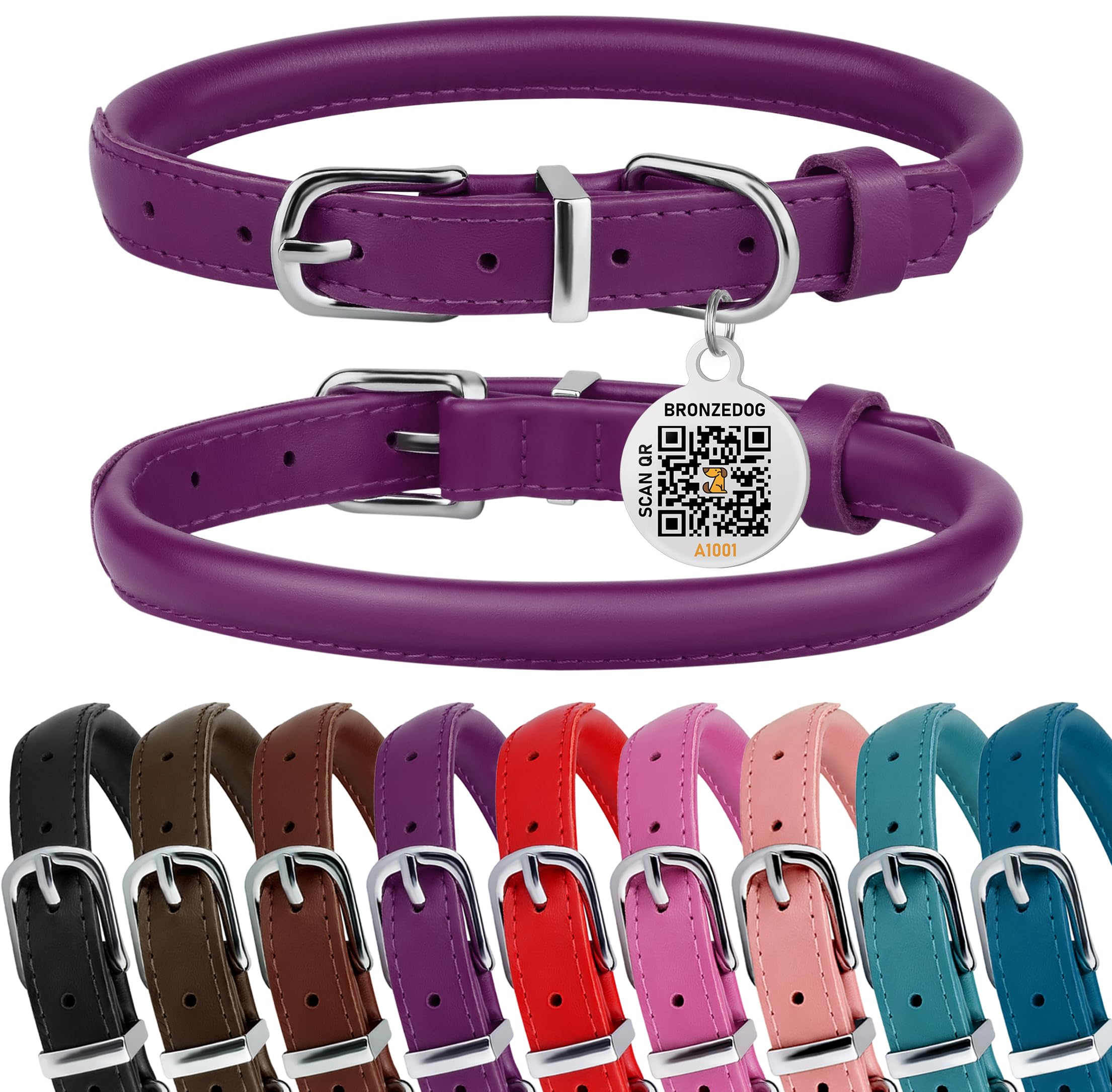 BRONZEDOG rolled leather collar plum neck strap showcases durable, comfortable fit for everyday adventures.