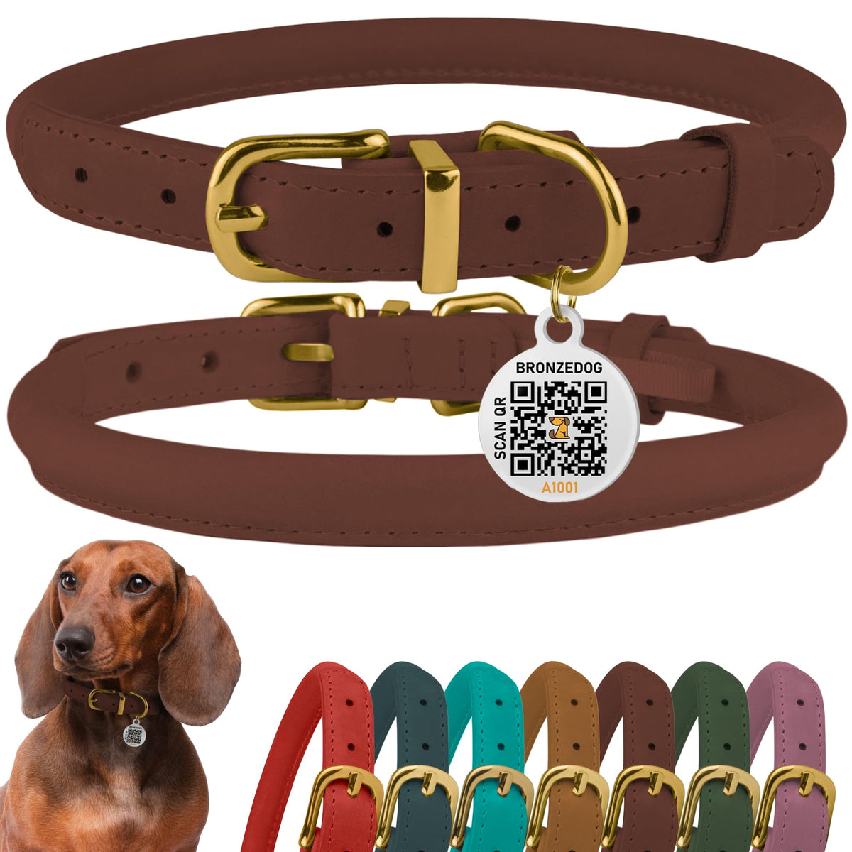BRONZEDOG rolled leather collar with QR ID tag for quick identification during daily adventures.