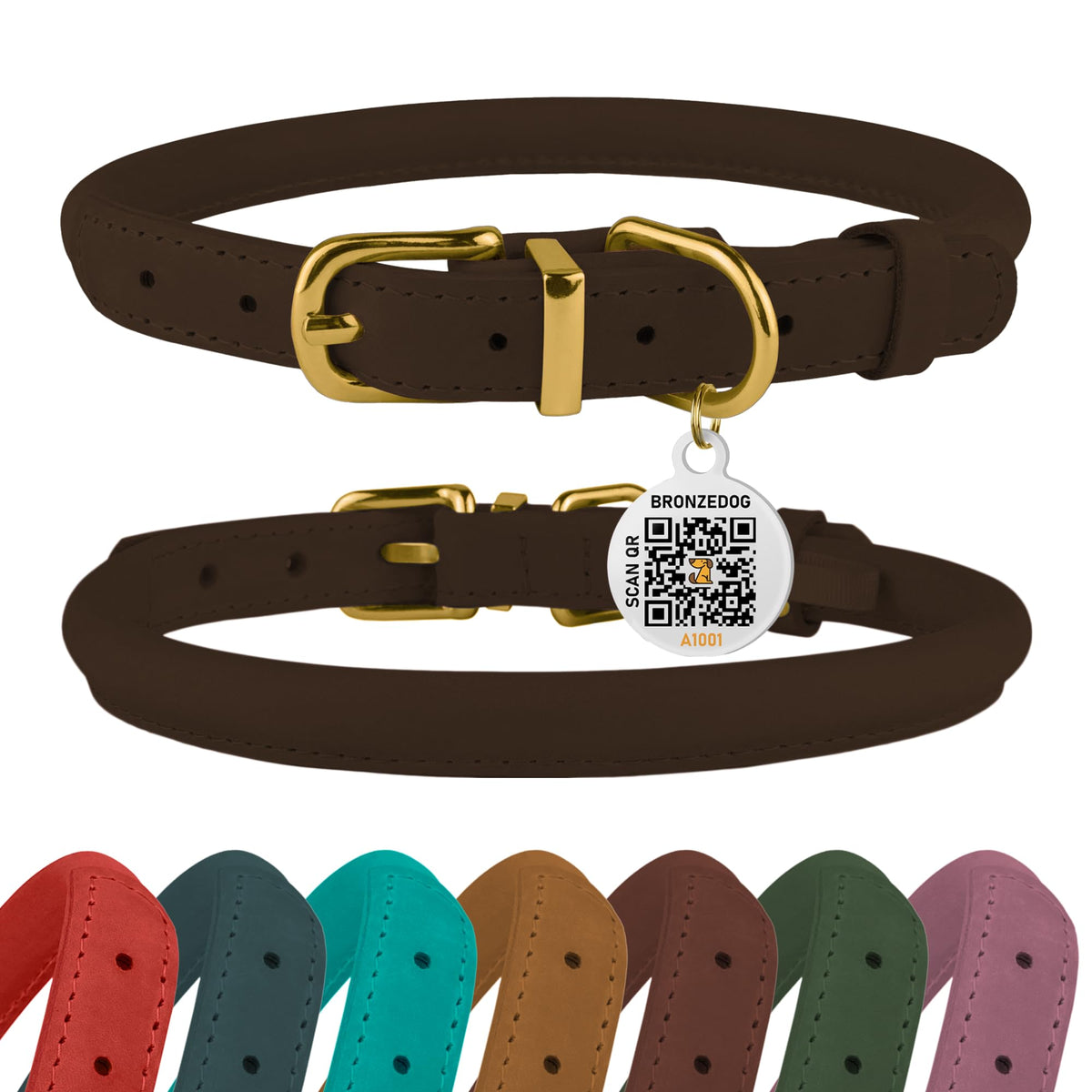 BRONZEDOG rolled leather collar with QR tag for quick pet ID and safety.