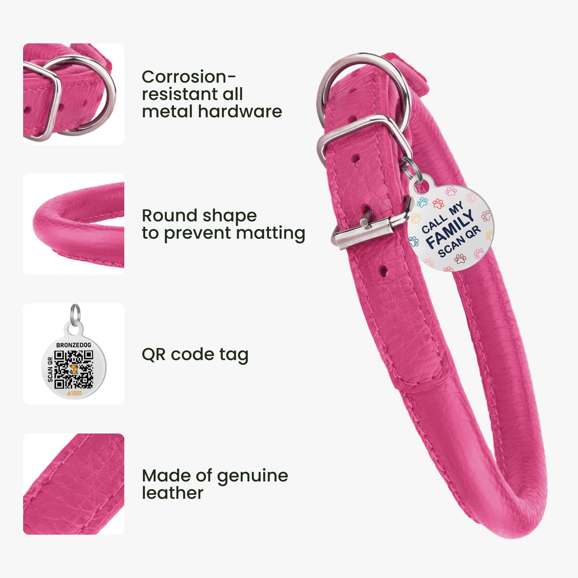 BRONZEDOG rolled leather collar silver hardware for durable daily wear.