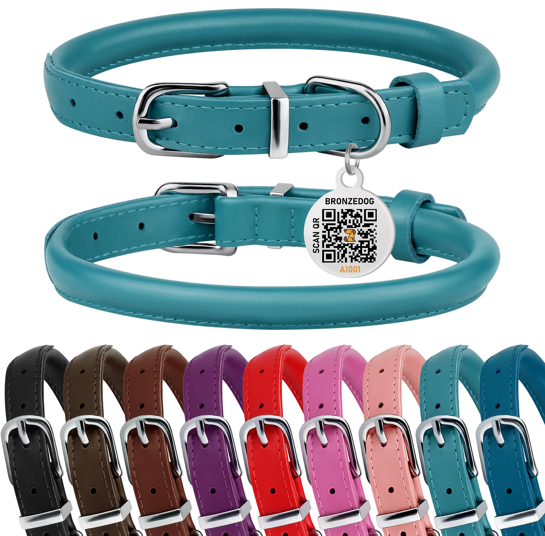 BRONZEDOG rolled leather collar teal closeup shows smooth edges for reduced neck irritation.