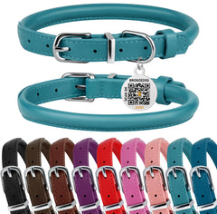 BRONZEDOG rolled leather collar teal closeup shows smooth edges for reduced neck irritation.