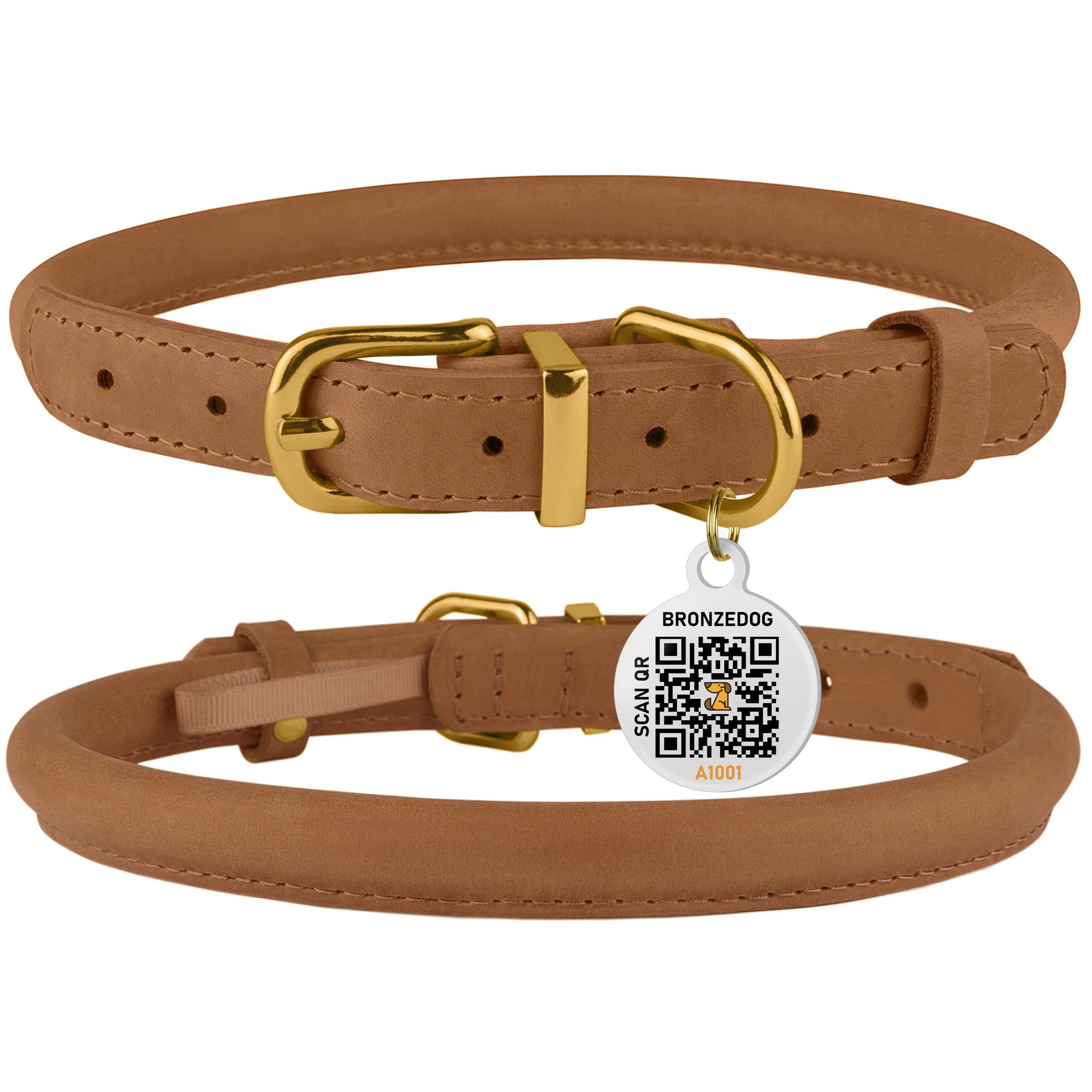 BronzeDog turquoise collar closeup featuring QR ID tag for quick recovery