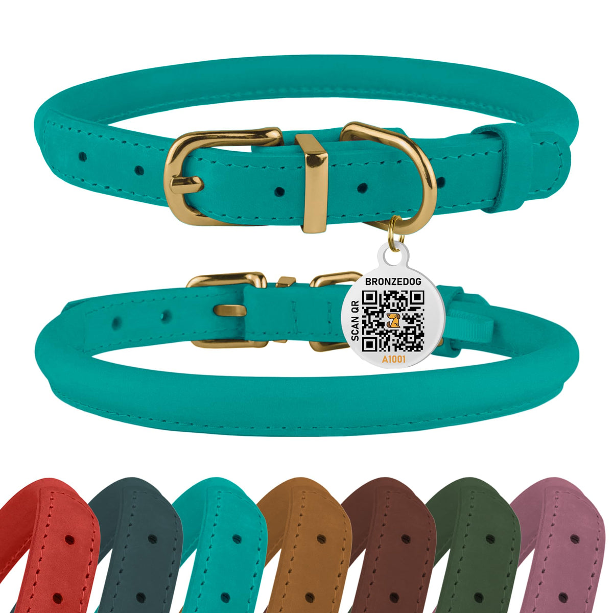 BRONZEDOG rolled leather collar in turquoise for comfortable everyday wear