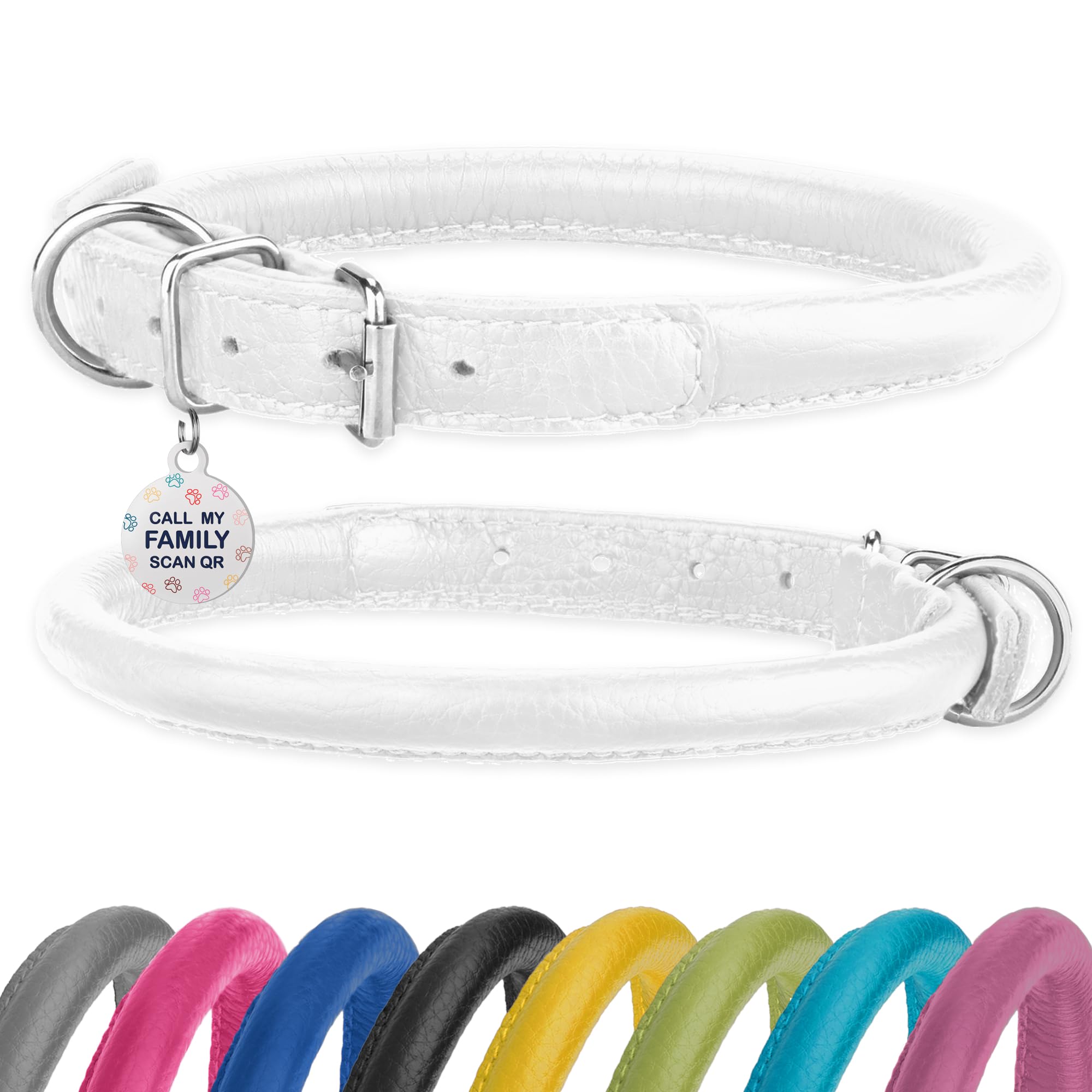 BRONZEDOG rolled leather collar white side view, soft leather for comfortable wear.