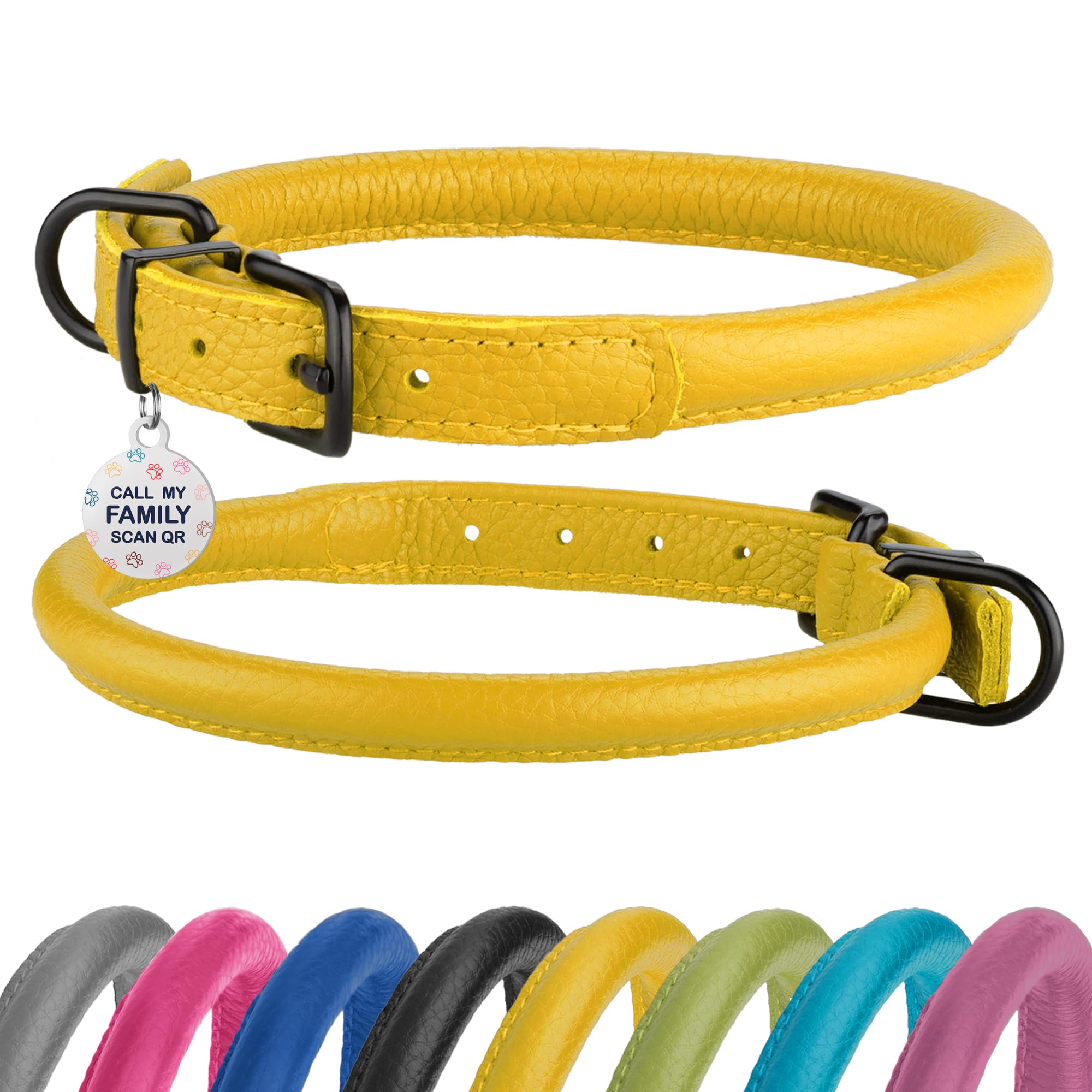 BRONZEDOG rolled leather collar yellow main image shows soft comfortable everyday wear