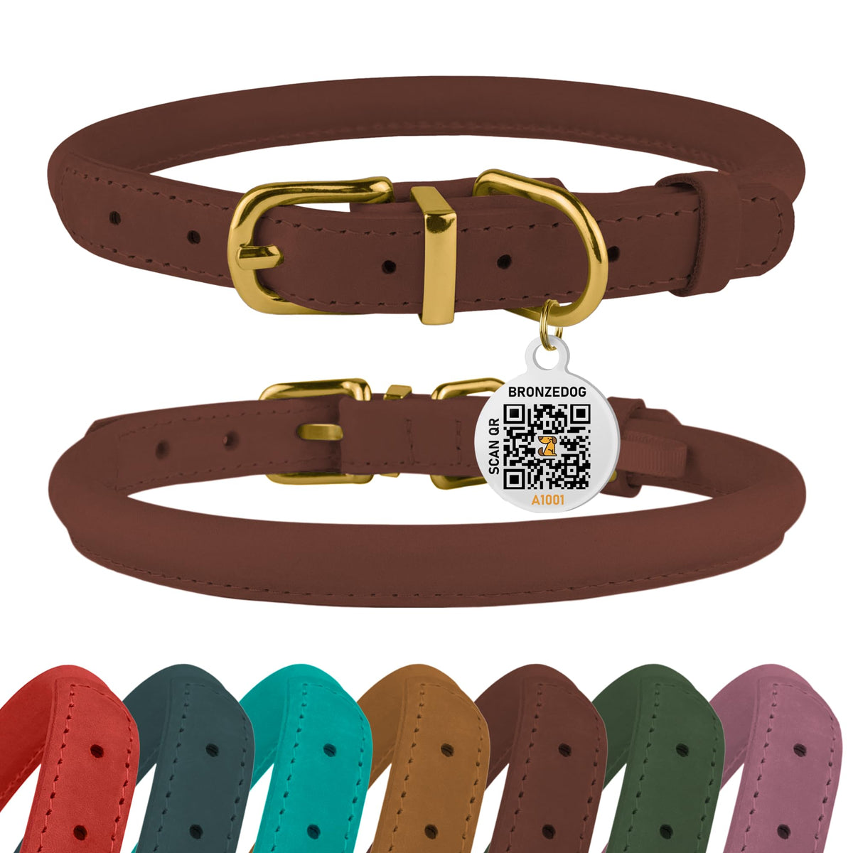 BronzeDog rolled leather collar in Cognac Brown ready for durable everyday wear.