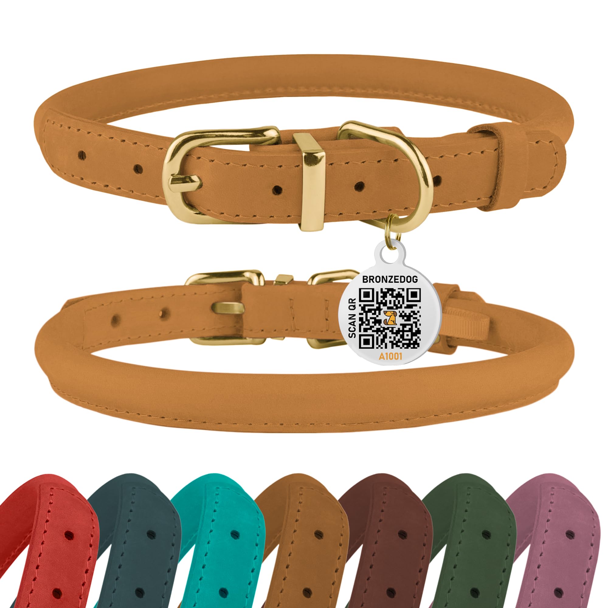 BronzeDog mustard rolled leather collar close-up highlighting durable Crazy Horse leather