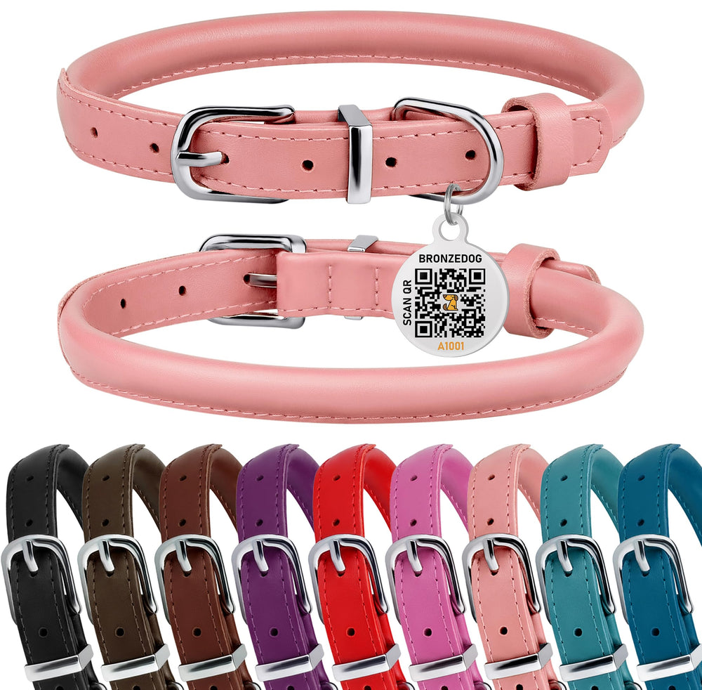 BRONZEDOG rolled leather collar front view highlights comfort and powder pink tone