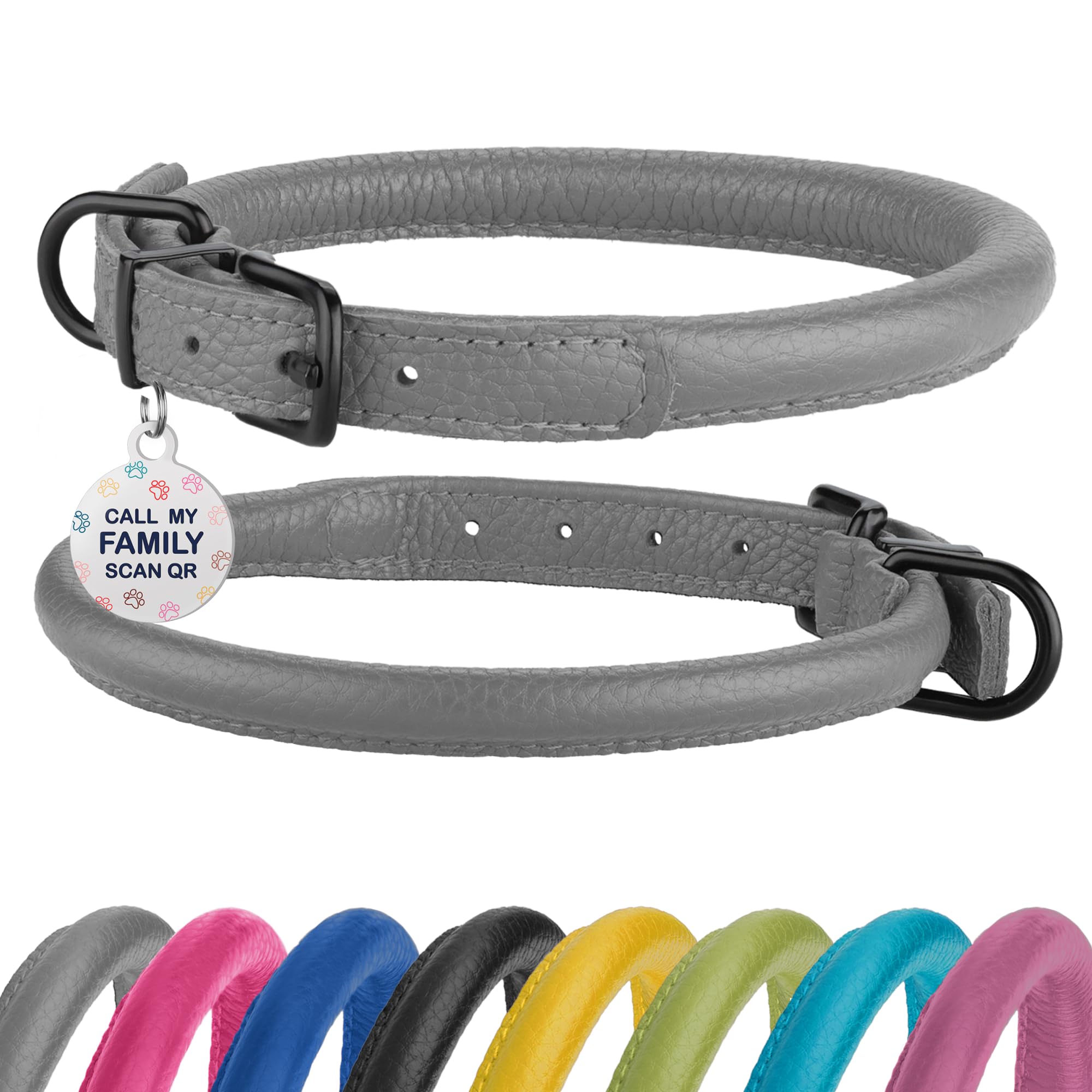 BRONZEDOG rolled leather dog collar in smoke grey offers fur-friendly comfort for daily wear.