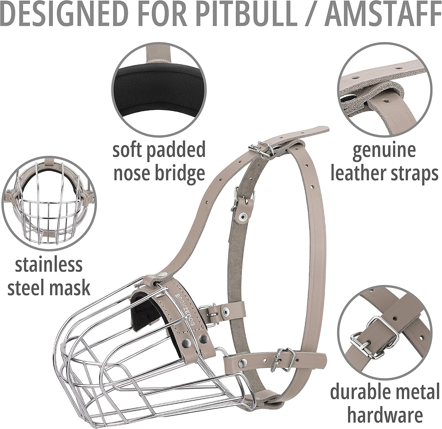 BRONZEDOG large-dog muzzle image highlighting secure fit and controlled breathing.