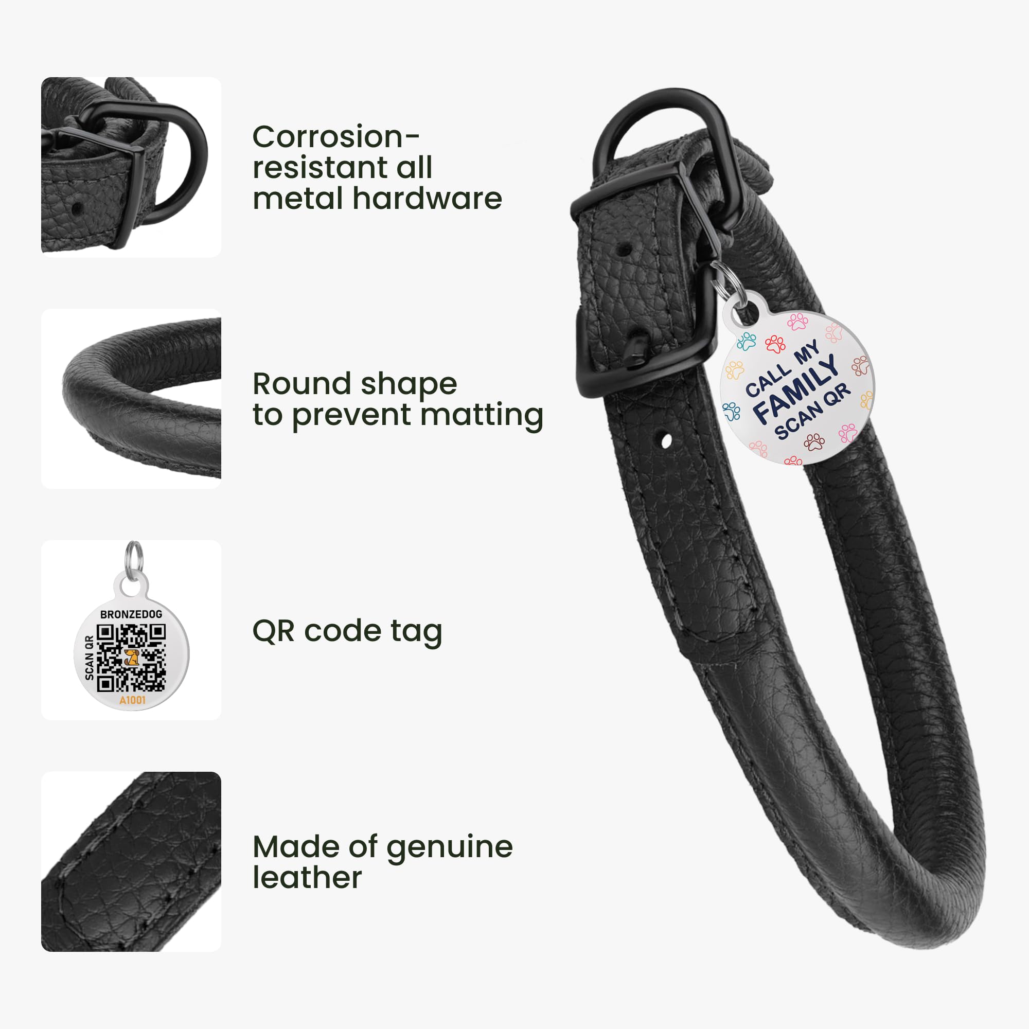 BronzeDog soft-rolled-leather-strap demonstrates fur-friendly design reducing matting.