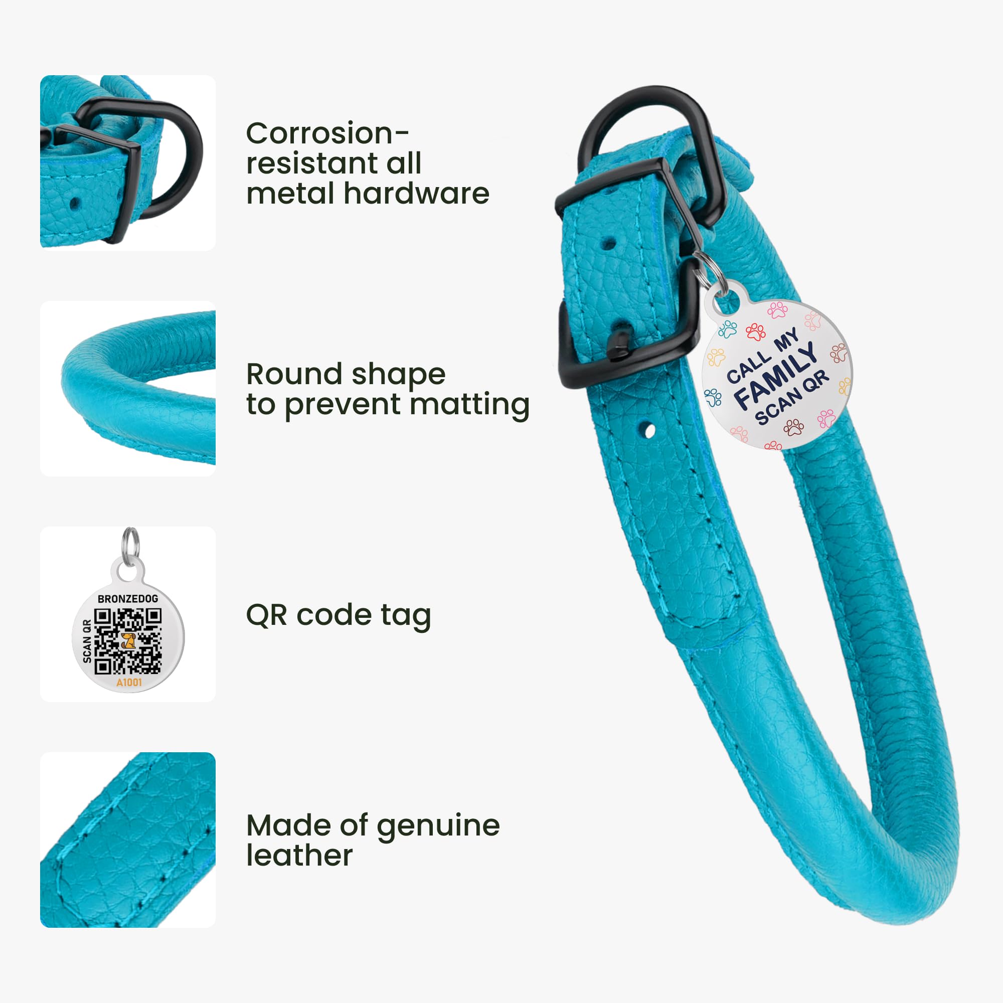 BRONZEDOG soft round collar aqua blue worn on dog during walks reduces fur tangling