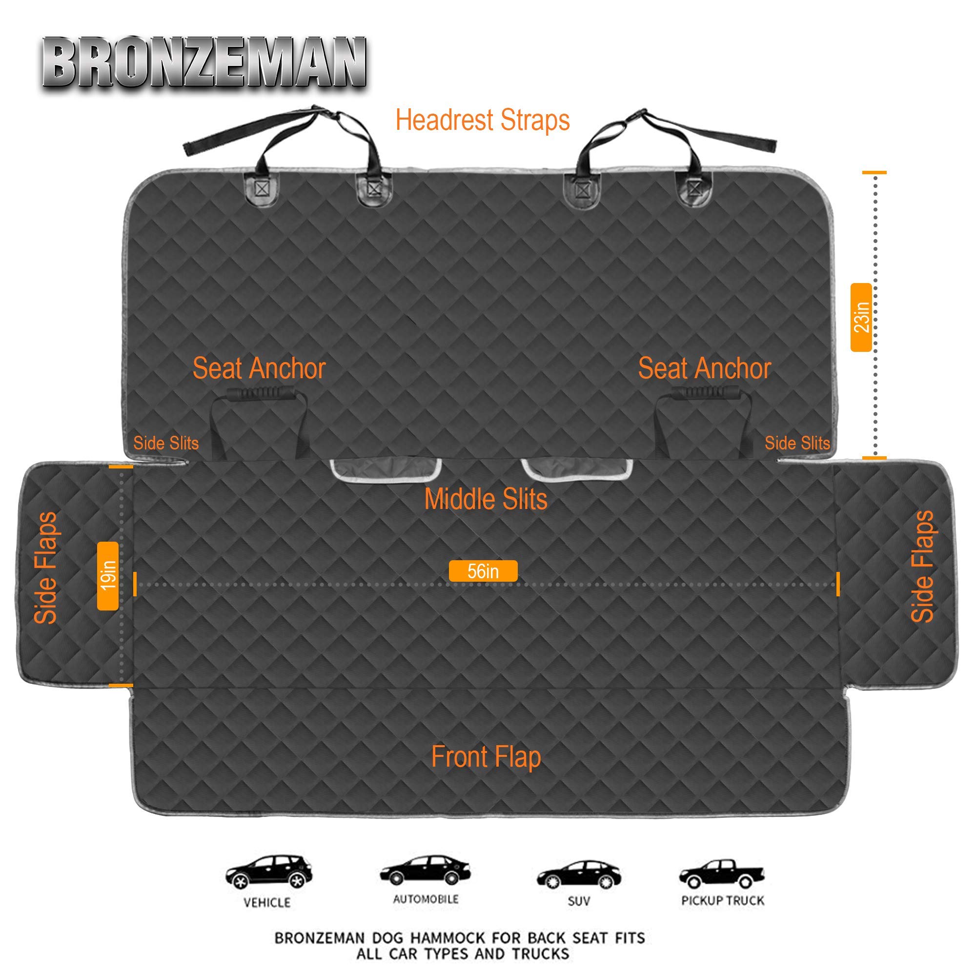 BRONZEMAN universal-fit back seat cover fits cars, trucks, SUVs with middle-seat belt access.