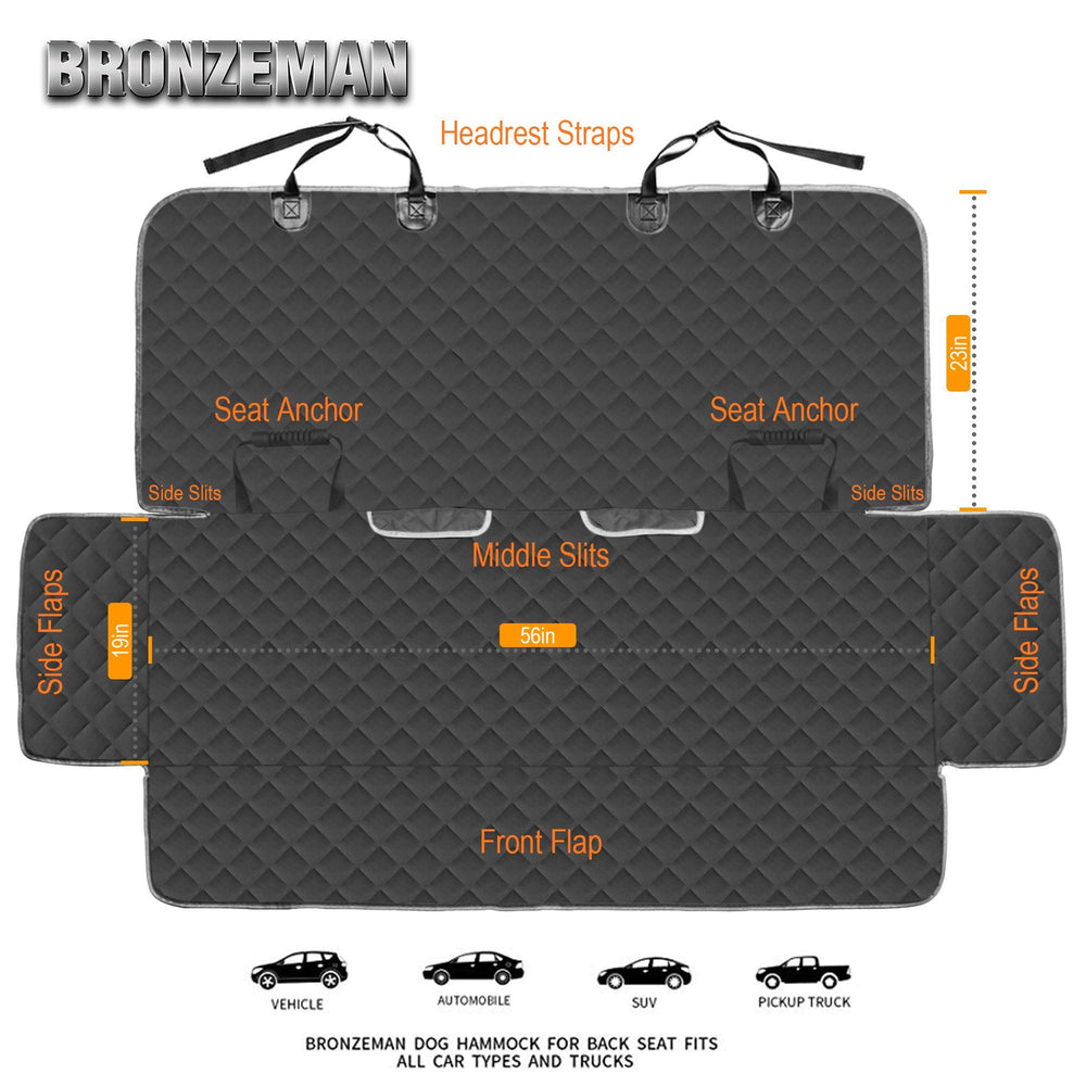 BRONZEMAN universal-fit back seat cover fits cars, trucks, SUVs with middle-seat belt access.