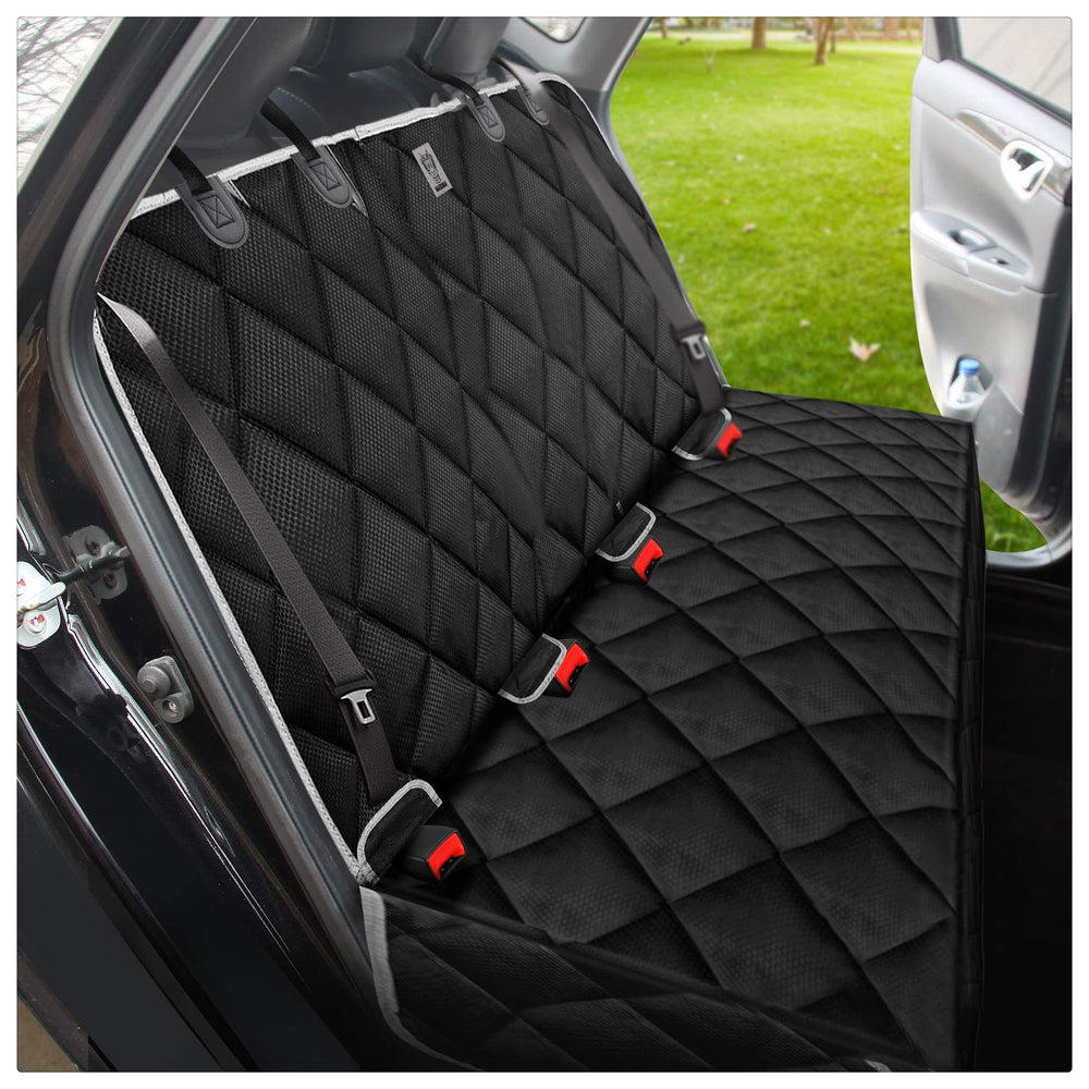 BRONZEMAN waterproof back seat cover keeps pet messes off upholstery on road trips.
