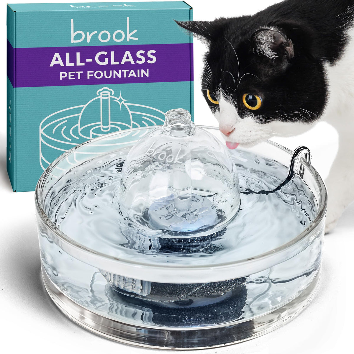 Brook Glass Pet Fountain 90oz full view highlighting all-glass design for clean hydration.