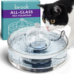 Brook Glass Pet Fountain 90oz full view highlighting all-glass design for clean hydration.