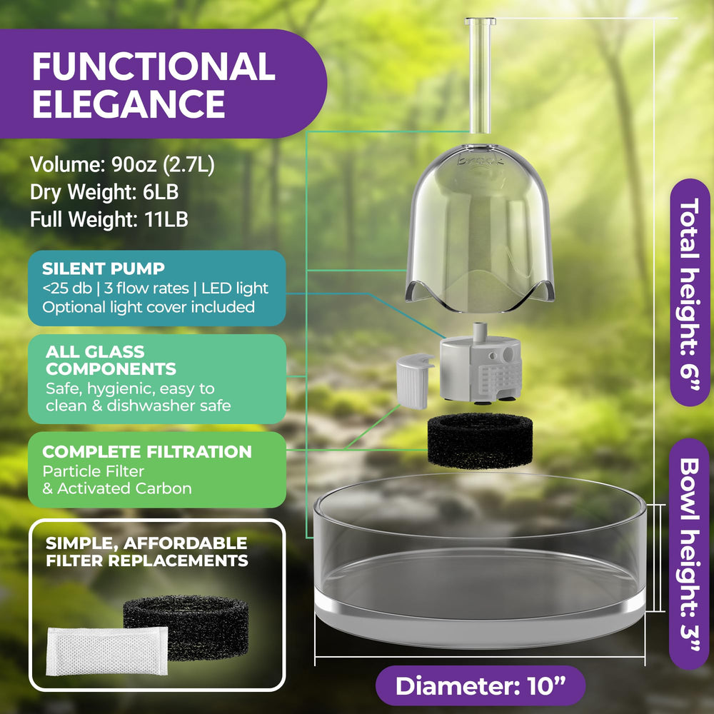 Brook Glass Pet Fountain LED light optional cover invites evening drinking.