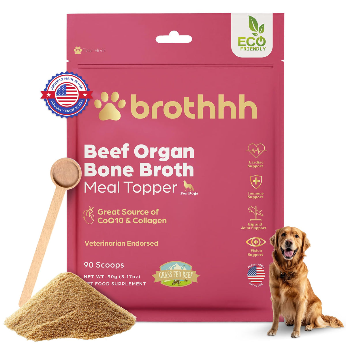 Brothhh beef organ bone broth topper pouch for dogs—convenient daily nutrition.