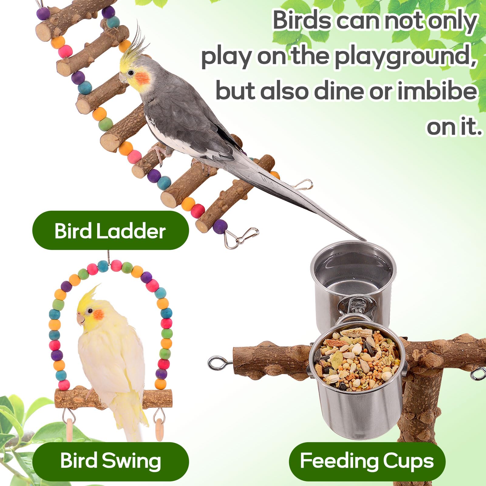 BRSLAIF Bird Playground feeding cups enable easy meals with a clean removable tray.