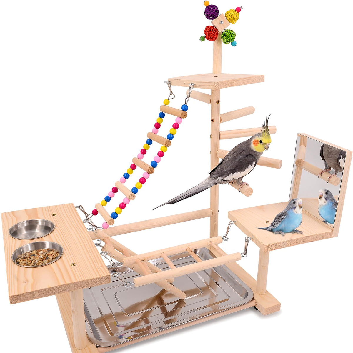 BRSLAIF wooden bird playground front view shows multi-level perches for exercise and enrichment
