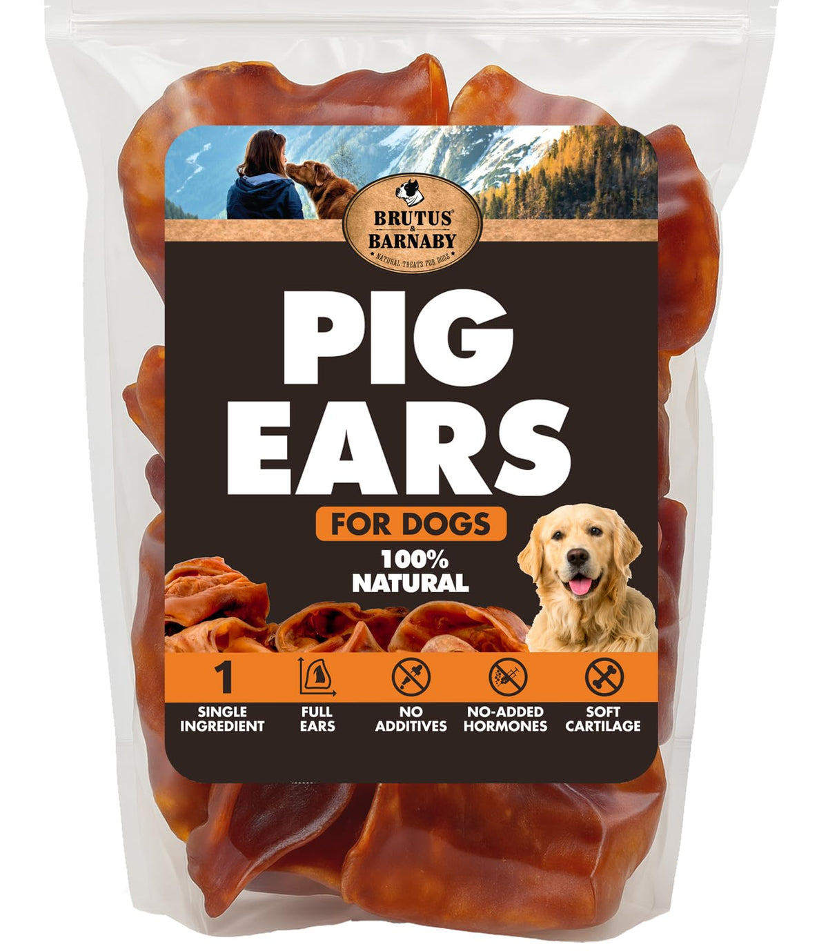 BRUTUS & BARNABY 12ct pig ears pack showing natural, single-ingredient chew option for dogs.