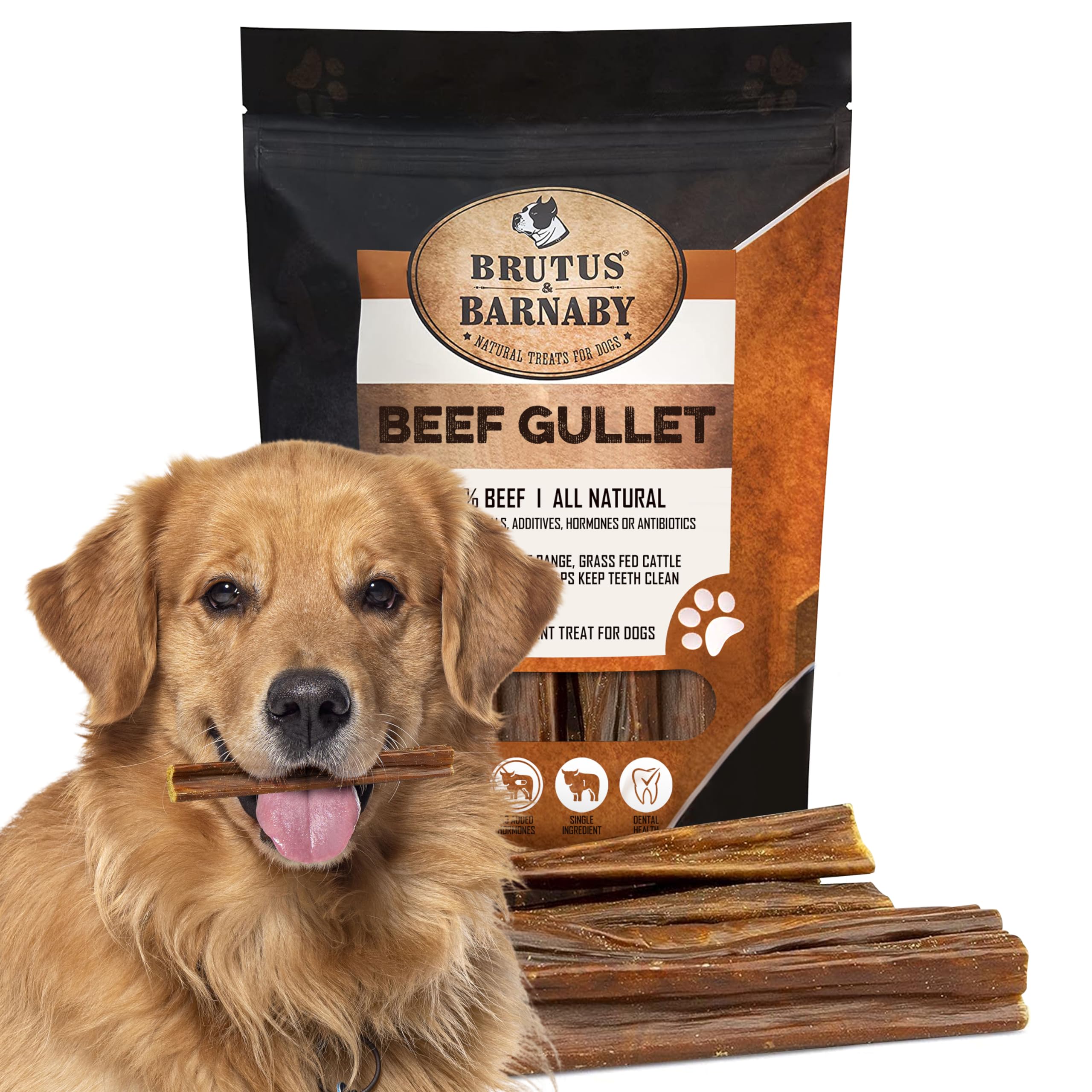 BRUTUS & BARNABY beef esophagus chews pack of 30 demonstrates single-ingredient, grain-free benefits.