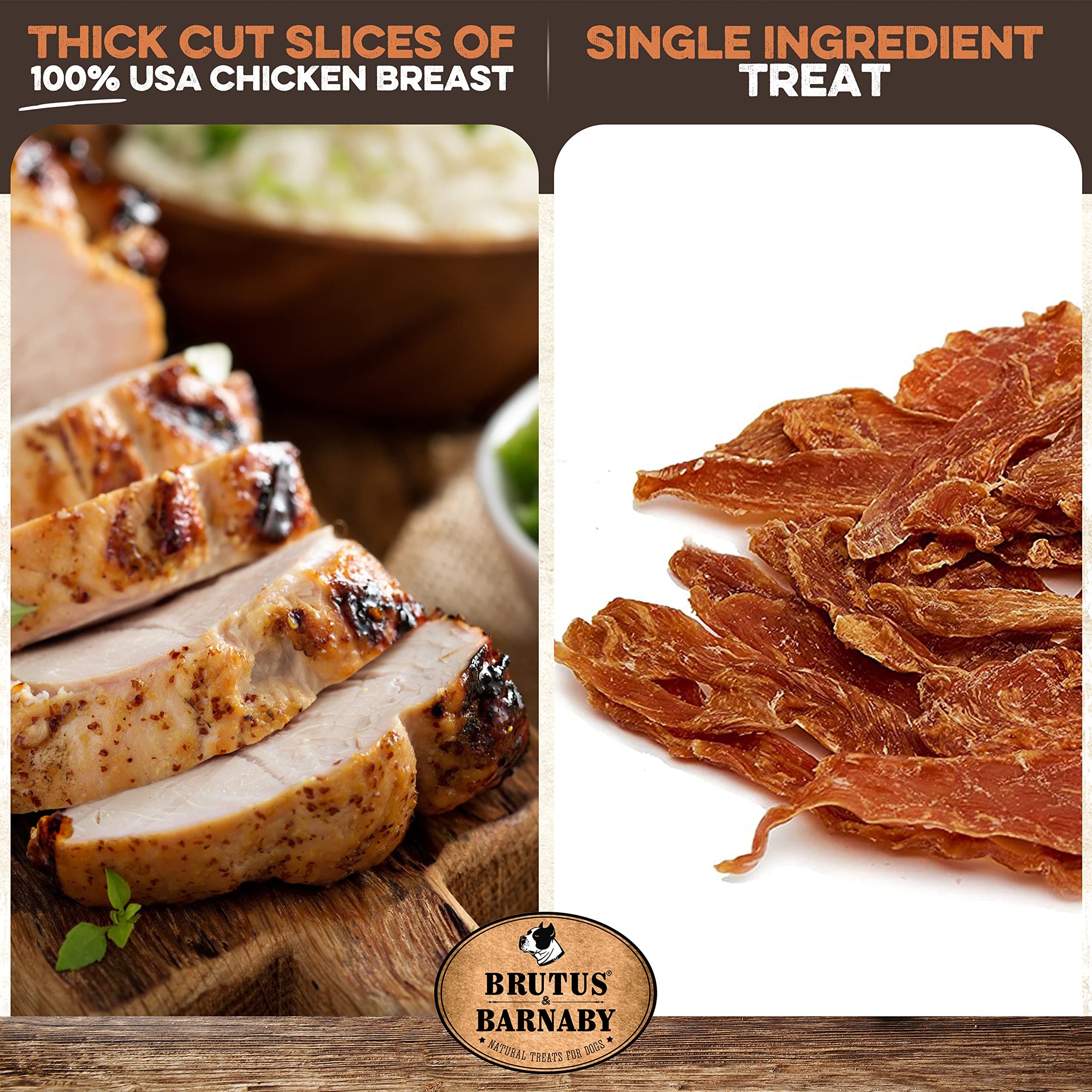 BRUTUS & BARNABY chicken jerky slices close-up highlighting whole breast fillet