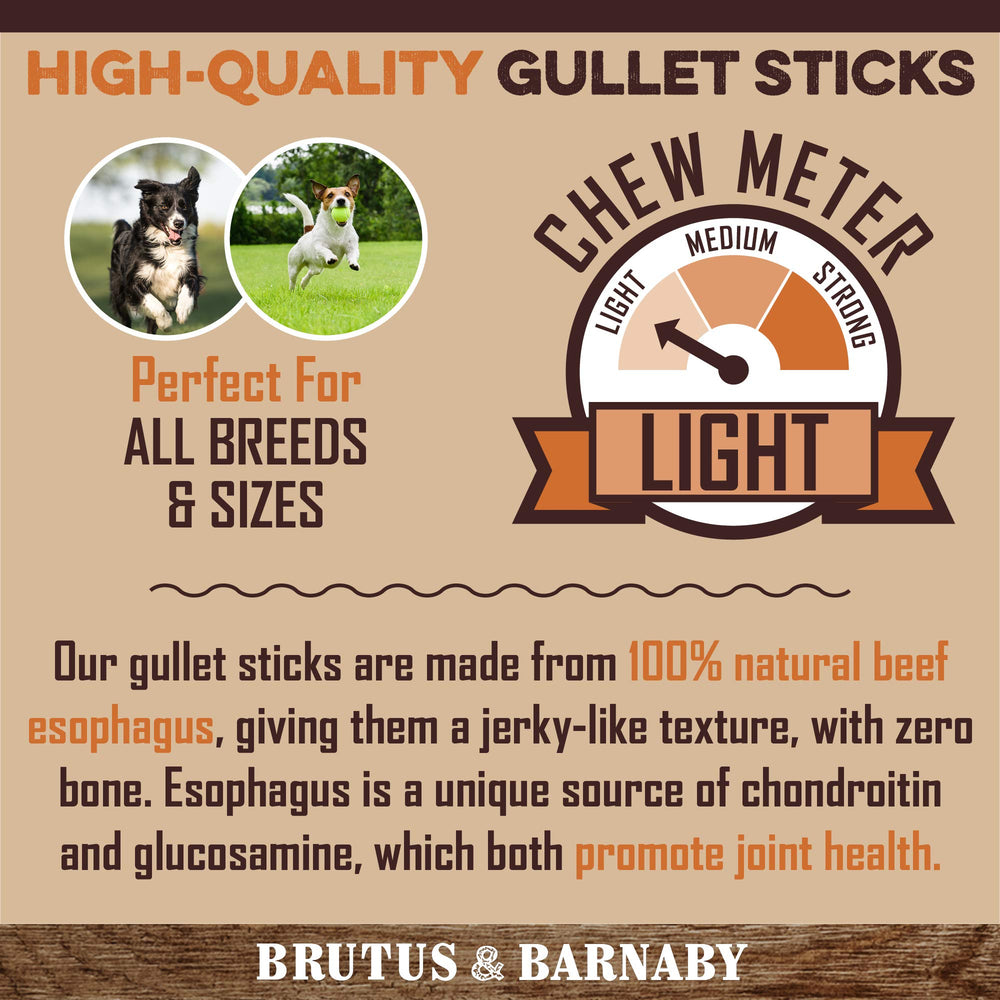 BRUTUS & BARNABY free-range grass-fed beef esophagus chews emphasize quality ingredients.