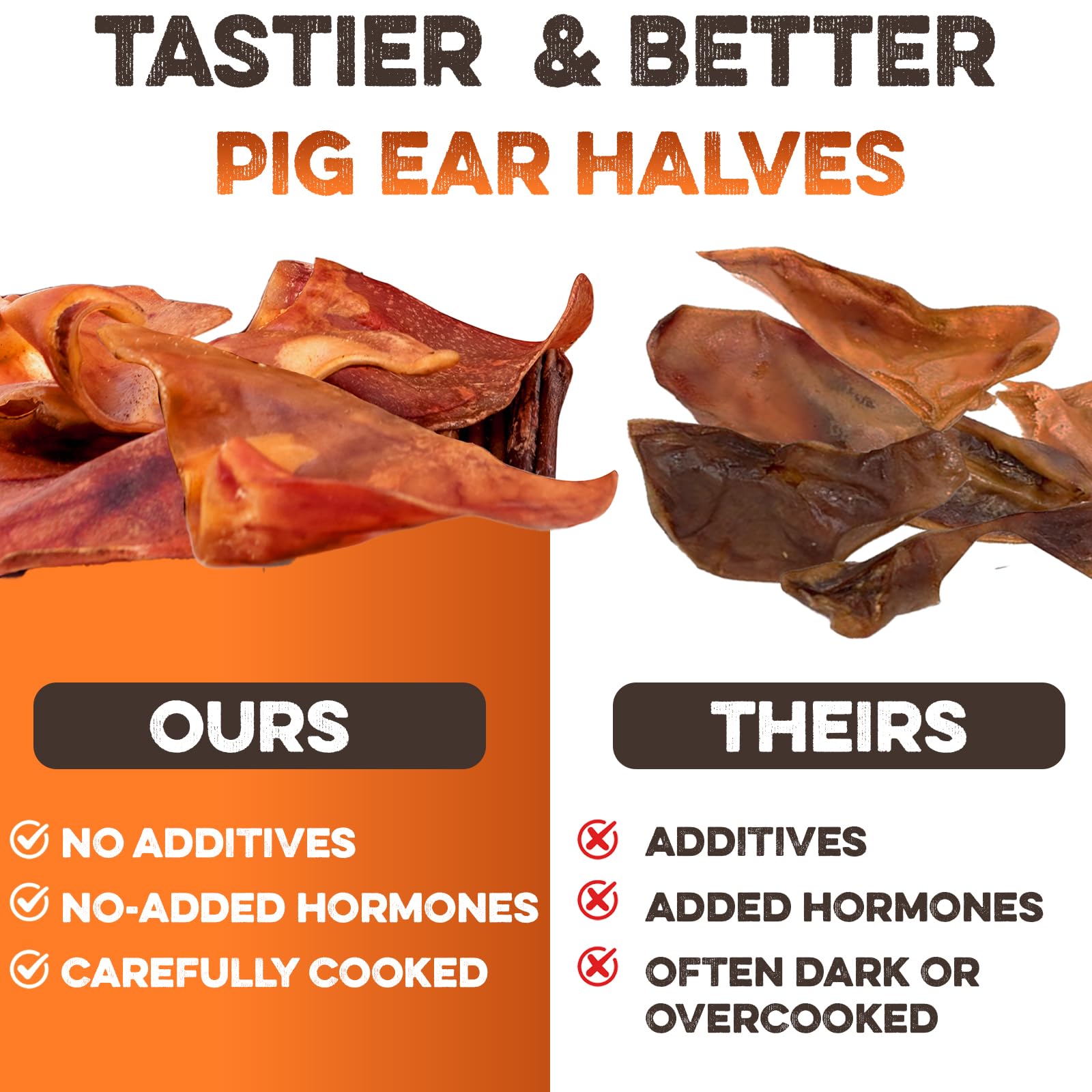 Full pig ear halves, BRUTUS & BARNABY, durable chew for extended play.