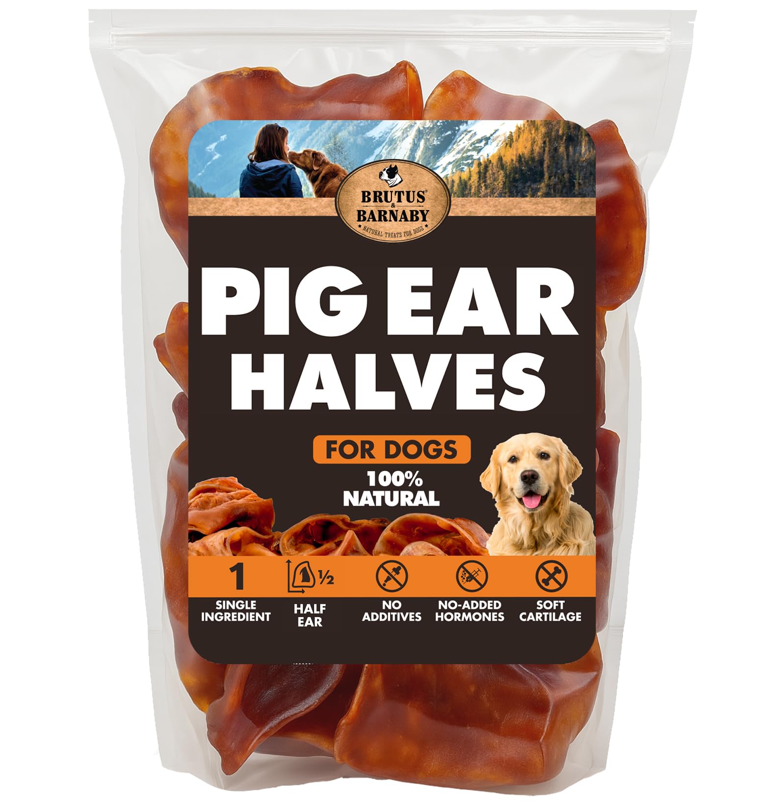 BRUTUS & BARNABY pig ear halves packaged, showcasing all-natural ingredients.
