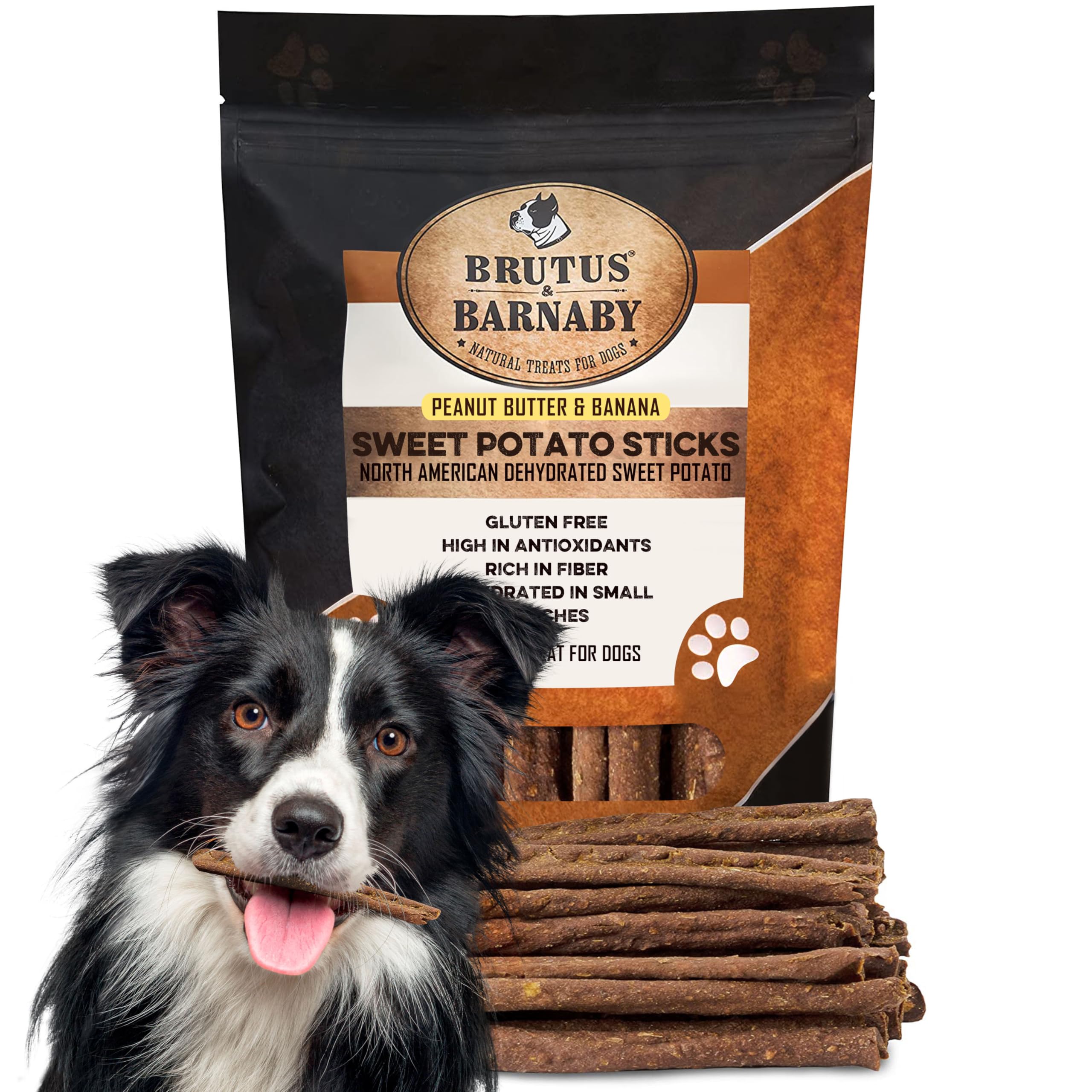 BRUTUS & BARNABY sweet potato crunchy sticks package; grain-free training rewards.