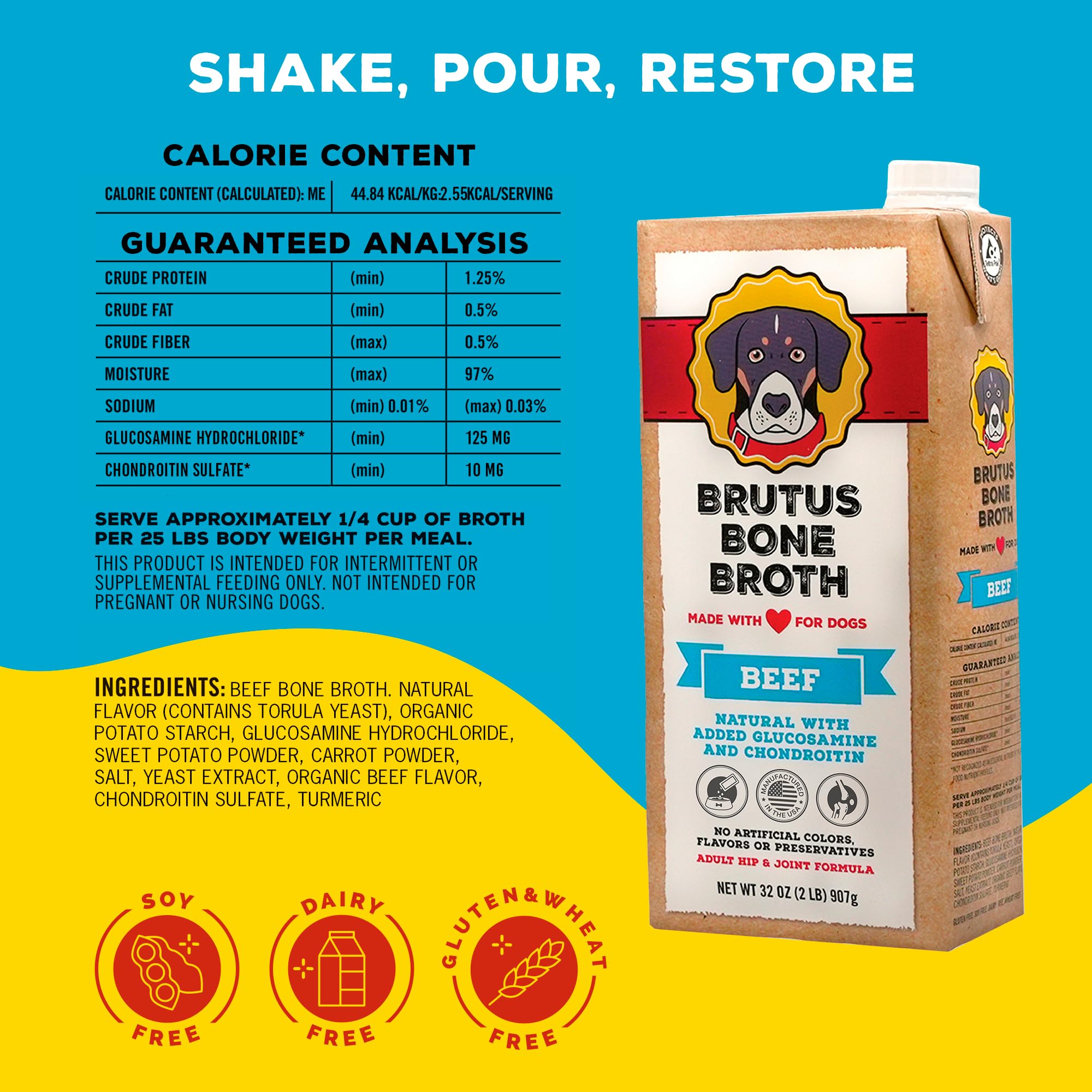 Brutus Beef Bone Broth pour over kibble for tastier meals and hydration